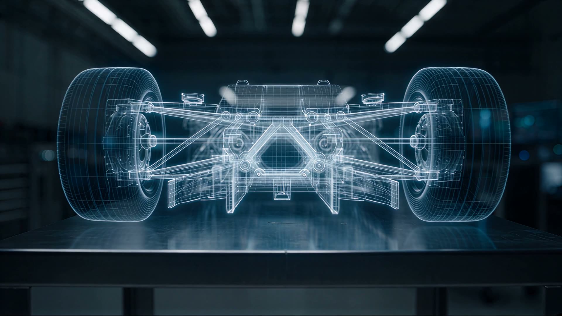 Wireframe model of a competition chassis seen from the rear, with suspension and wheels, above a bench in a dark laboratory.