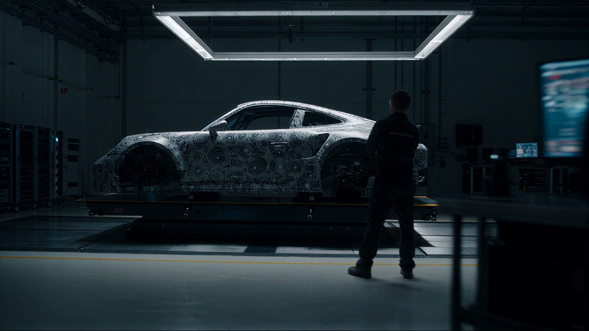 Camouflaged sports car prototype on a lift in a development workshop, lit by a suspended light panel.