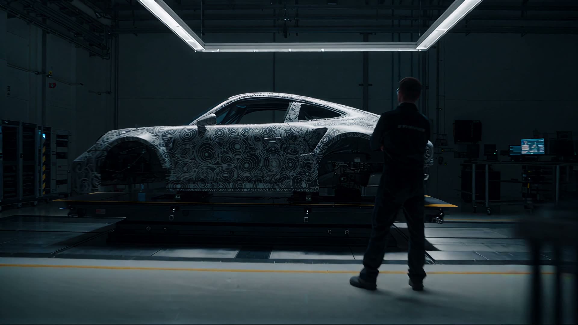 Camouflaged prototype on a lift in a development workshop, with an engineer at the data stations.